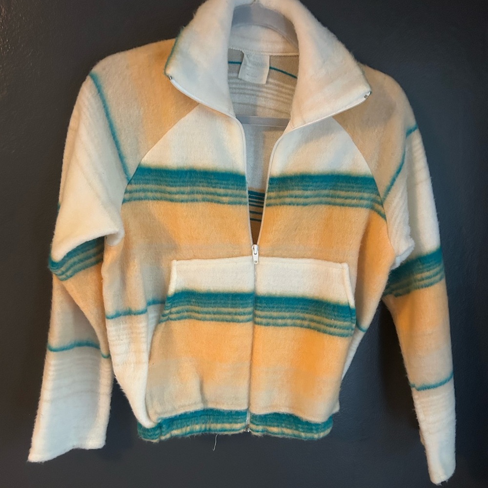 Vintage Striped Half-Zip Fleece Jacket in Cream, Teal & Yellow